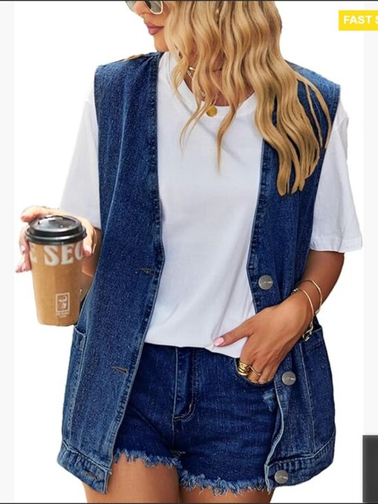 Jackets & Blazers - Oversized Denim Vest Sleeveless Button Down Casual Retro Y2K Waistcoat